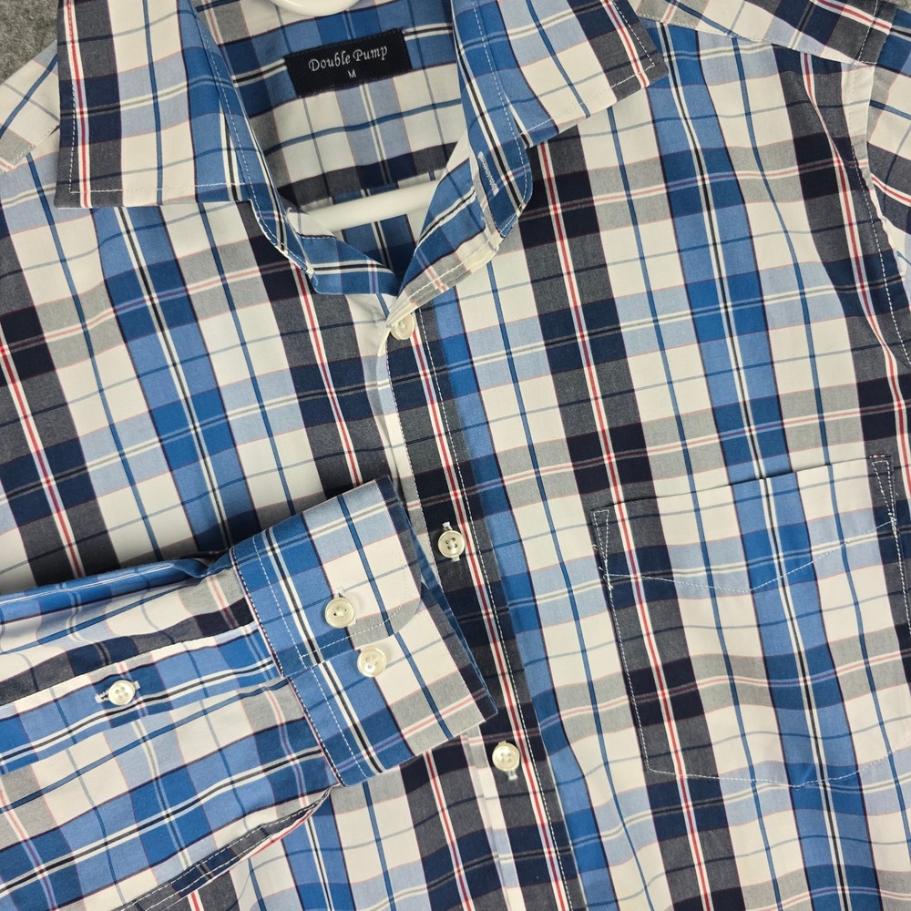 Double Pump Shirt Mens M Blue Plaid Regular Fit Long Sleeve Button Down Pocket
